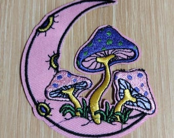 Crescent Moon with wild mushrooms pink and purple embroidery embroidered iron on patch