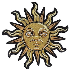 May include: Embroidered iron-on patch featuring a stylized sun with a human face. The sun is gold with a black outline and has a yellow face with brown eyes and a brown mouth.