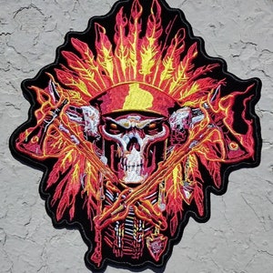 Indian chief skull flams large iron on embroidered back patch Applique DIY Jacket Patches