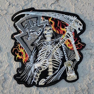 Grim Reaper with flames Large Biker Back patch embroidered iron-on fabric patches