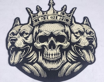 Pitbull dogs with skull king large embroidered iron-on patch