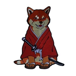 May include: An embroidered patch featuring a brown Shiba Inu dog wearing a red kimono and a white sash. The dog has a scar over one eye, a bared-teeth expression, and holds a black katana sword across its lap while wearing traditional sandals.