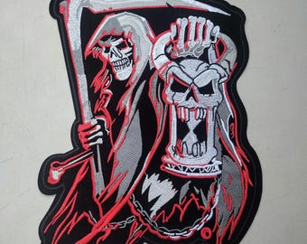 Grim Reaper skeleton with hour glass Large Patch Skulls embroidered iron-on patches