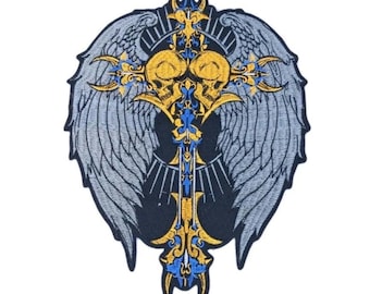Large ornate cross with two skulls and wings embroidered iron-on patch clothing back patches