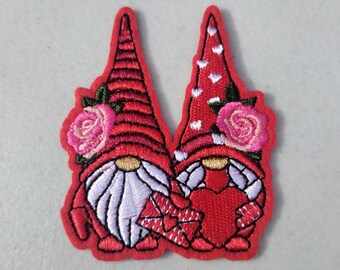 Garden Gnomes love anniversary Valentine's Day red heart embroidered iron-on patch