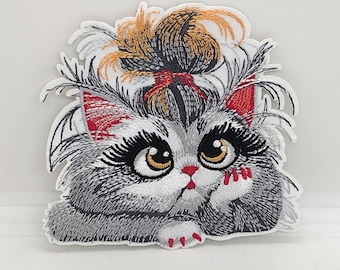 Cat girl feline diva embroidered iron-on patch