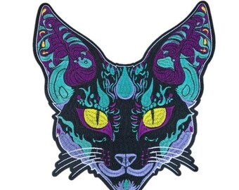 Mystical cat Large Embroidered Iron On Patch feline galaxy snake design patches