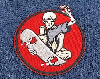 Skater skeleton on skateboard embroidered iron-on patch