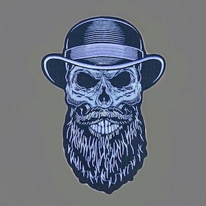 Large skull patch with bowler hat and beard embroidered iron-on patch