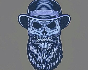 Large skull patch with bowler hat and beard embroidered iron-on patch