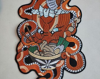 Large octopus Japanese themed embroidered iron-on patch