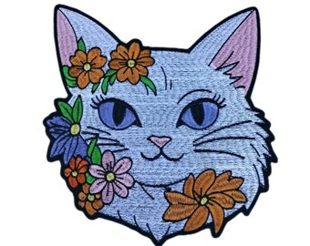 White cat with flowers fancy feline large embroidered iron-on patch