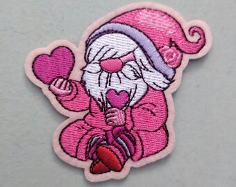 Garden Gnomes love anniversary Valentine's Day red heart embroidered iron-on patch