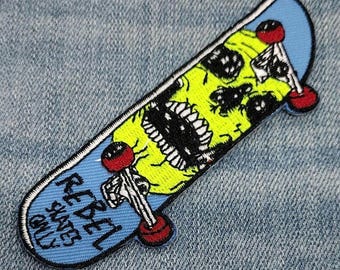 Skateboard with skull Rebel skater embroidered iron-on patch