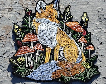 Fox Large embroidered iron-on patch Red Fox in mushroom field large embroidered iron-on Patches wild foxes