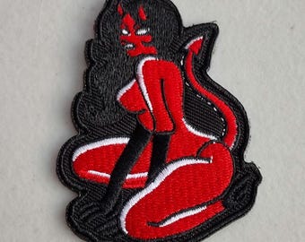 lil devils red female with horns embroidered iron-on patch sexy devil