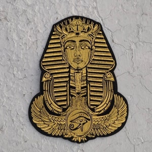 Golden Egyptian pharaoh statue hieroglyph embroidered iron-on patch large
