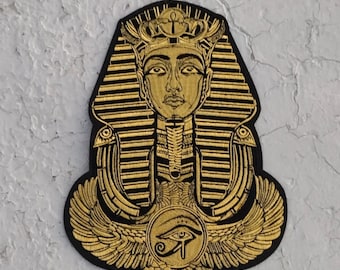 Golden Egyptian pharaoh statue hieroglyph embroidered iron-on patch large