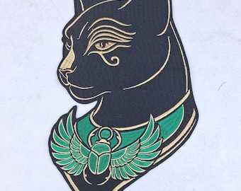 Egyptian pharaoh cleopatra black cat large embroidered iron patch.
