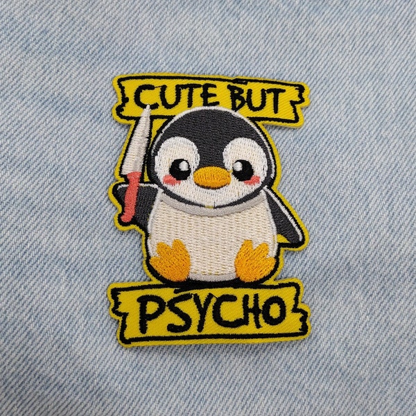 Cute but psycho penguin embroidered iron-on patch applique clothing sticker