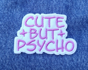 Cute but psycho pink and white embroidered iron-on patch applique Patches