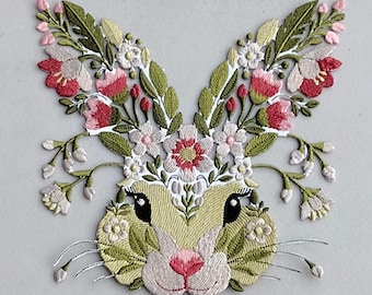Rabbit with flowers fusion embroidery large rabbit iron-on Patches embroidered patch