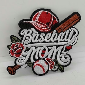 Baseball Mom embroidered iron patch ball bat hat and roses design