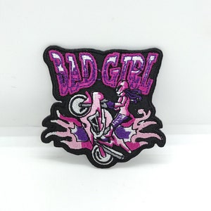 Bad girl biker girl in pink on motorcycle embroidered iron-on clothing patch