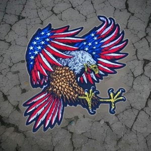 May include: Embroidered patch featuring an American bald eagle with outstretched wings. The eagle's wings are designed with the American flag's stars and stripes in red, white, and blue. The eagle has a white head, brown body, and yellow talons.