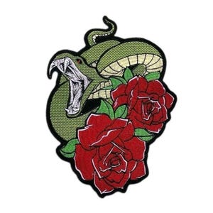 Green Amazon Rattle snake serpent with roses large iron embroidered patch