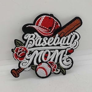 May include: Embroidered patch with the words "Baseball MOM" in white script. The patch features a red baseball cap, a baseball bat, a baseball, and red roses. The patch has a black border.