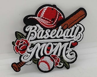 Baseball Mom embroidered iron patch ball bat hat and roses design