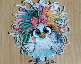 Crazy chic chicken with wild rainbow colored hair embroidered iron-on patch