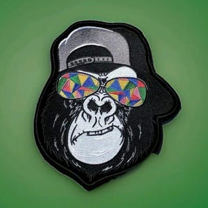 Large Gorilla with hat and psychedelic sunglasses embroidered iron-on patch