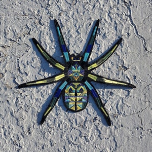 May include: A black spider with a geometric pattern in shades of blue, green, and yellow. The spider is embroidered and has a flat, two-dimensional design.