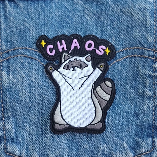 Raccoon Chaos embroidered iron-on patch