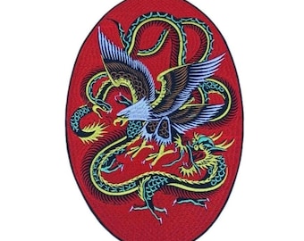 Eagle snake dragon battling large embroidered iron-on patch