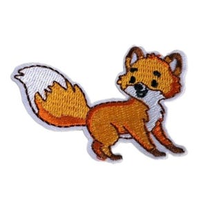 May include: An embroidered iron-on patch featuring a cartoon fox with orange fur, a white chest, and a white-tipped bushy tail. The fox has dark brown ears, eyes, and a nose, with a white border outlining the entire shape of the animal figure.