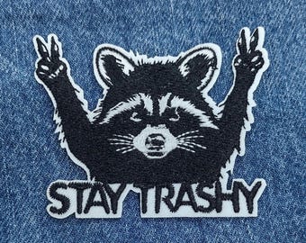 Raccoon Stay Trashy Black and white embroidered iron-on patch