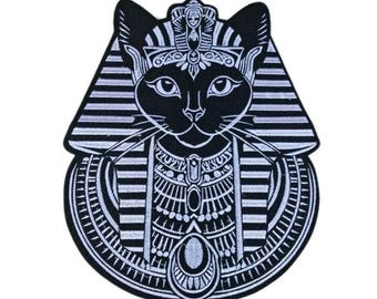 Egyptian pharaoh black cat large embroidered iron patch.