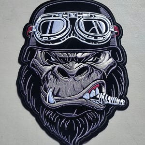 Gorilla biker embroidered iron on back patch. Jacket patches. Diy clothing Sticker handmade sew monkey animal black and white embellishment