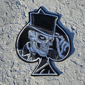 Ace of spades skeleton and top hat large embroidered iron on patch