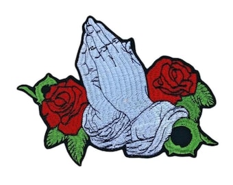 Praying hands with roses large Embroidered Iron-on patches Christianity lord's prayer