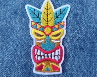 Tiki mask embroidered iron-on patch island vacation Hawaii islander make tiki bar patches