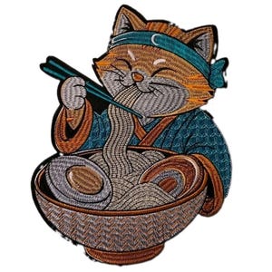 May include: An embroidered patch featuring an orange tabby cat wearing a teal headband and a blue kimono. The cat is holding teal chopsticks and eating a bowl of ramen noodles with two halved boiled eggs visible in the broth and noodles.