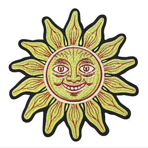 May include: A yellow embroidered patch of a smiling sun with red details. The sun has a face with eyes, a nose, and a wide mouth with teeth.