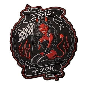 May include: A circular embroidered patch featuring a red devil character with horns and a tail, holding a black and white checkered flag. The design includes red flames, a chain border, and two banners with the text 2 FAST and 4 YOU in white.