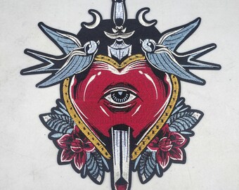 Large heart with eye and sword embroidered iron-on patch