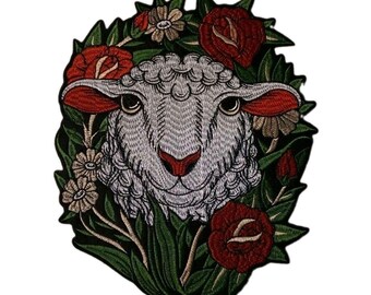 sheep surrounded by red and white flowers Large Embroidered Iron-on Patch white sheep tiger patches
