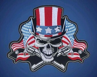 Skull with flags and hat patriotic large back patch embroidered iron-on patches